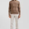 Pull col rond rayé en coton et cachemire marron coupe Regular