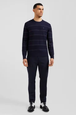 Pull col rond rayé en coton et cachemire bleu marine coupe Regular