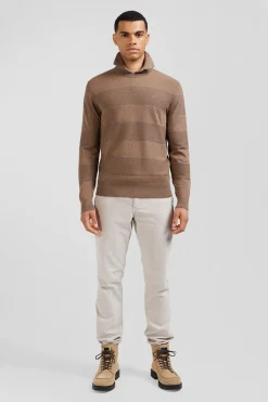 Pull col rond rayé en coton et cachemire marron coupe Regular