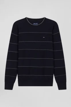 Pull col rond rayé en coton et cachemire bleu marine coupe Regular