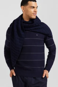 Pull col rond rayé en coton et cachemire bleu marine coupe Regular