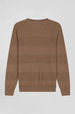 Pull col rond rayé en coton et cachemire marron coupe Regular