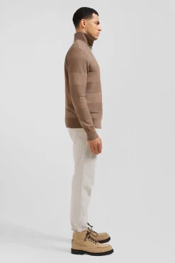 Pull col rond rayé en coton et cachemire marron coupe Regular