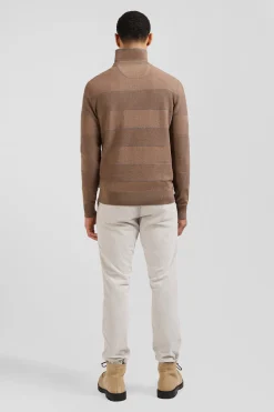 Pull col rond rayé en coton et cachemire marron coupe Regular