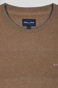Pull col rond rayé en coton et cachemire marron coupe Regular