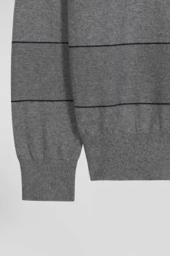Pull col rond rayé en coton et cachemire gris coupe Regular