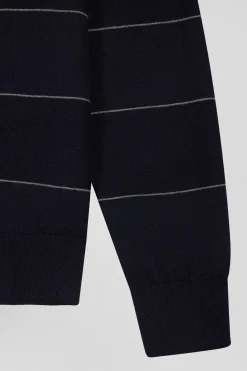 Pull col rond rayé en coton et cachemire bleu marine coupe Regular