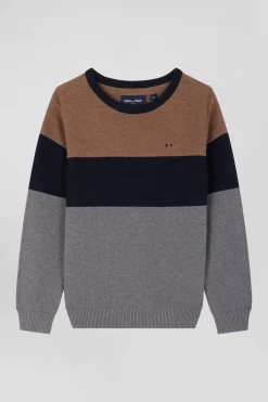 Pull col rond tricolore en coton camel coupe Regular