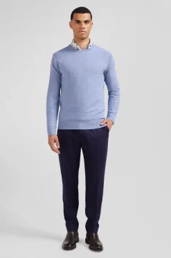 Pull col rond uni en coton ciel coupe Regular