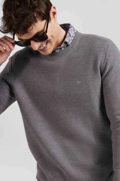 Pull col rond uni en coton gris coupe Regular