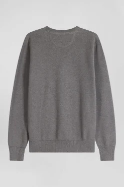 Pull col rond uni en coton gris coupe Regular