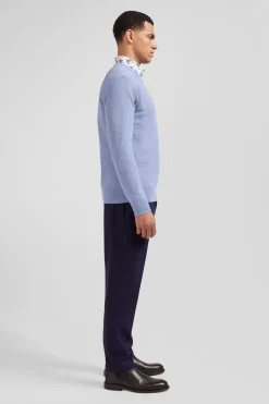 Pull col rond uni en coton ciel coupe Regular