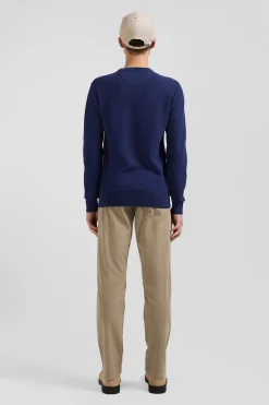 Pull col rond uni en coton bleu foncé coupe Regular