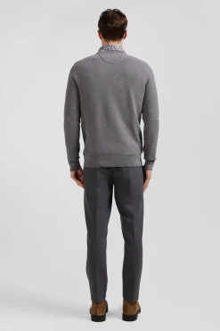 Pull col rond uni en coton gris coupe Regular