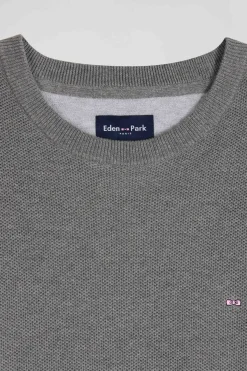 Pull col rond uni en coton gris coupe Regular