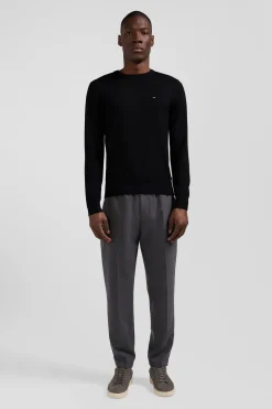 Pull col rond uni en laine mérinos noir coupe Regular