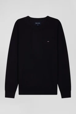 Pull col rond uni en laine mérinos bleu marine coupe Regular