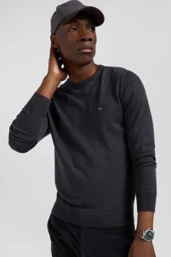 Pull col rond uni en laine mérinos gris anthracite coupe Regular