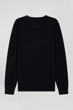Pull col rond uni en laine mérinos bleu marine coupe Regular