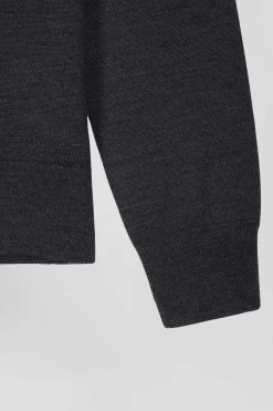 Pull col rond uni en laine mérinos gris anthracite coupe Regular
