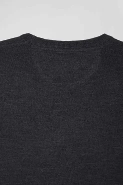 Pull col rond uni en laine mérinos gris anthracite coupe Regular