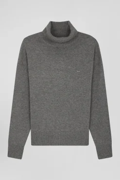 Pull col roulé en laine et coton gris foncé chiné coupe Relaxed