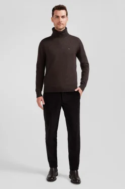 Pull col roulé en laine et coton marron coupe Regular