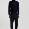 Pull col roulé en laine et coton bleu marine coupe Regular
