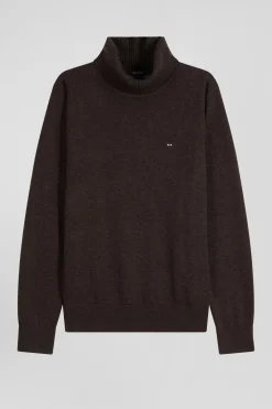 Pull col roulé en laine et coton marron coupe Regular
