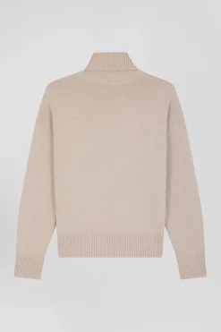 Pull col roulé en laine et coton beige coupe Relaxed
