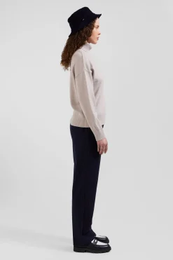 Pull col roulé en laine et coton beige coupe Relaxed