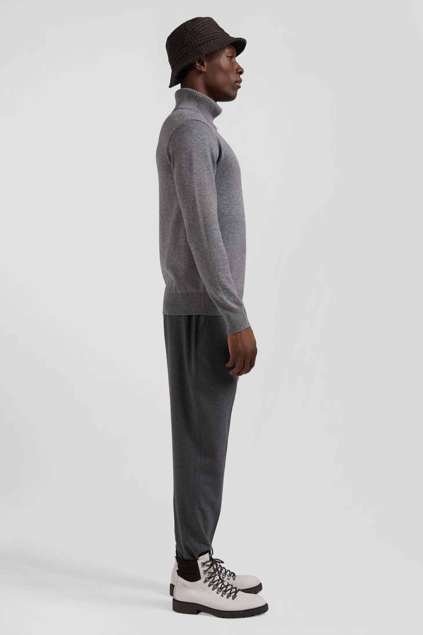 Pull col roulé en laine et coton gris coupe Regular