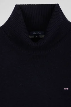 Pull col roulé en laine et coton bleu marine coupe Regular