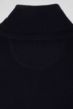 Pull col roulé en laine et coton bleu marine coupe Regular