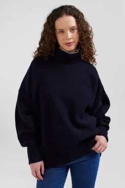 Pull col roulé en laine mélangée bleu marine coupe Oversized