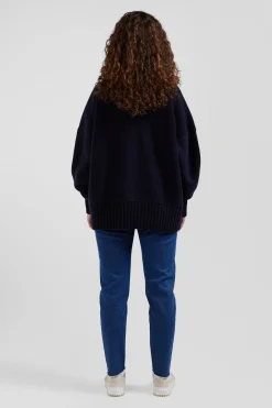 Pull col roulé en laine mélangée bleu marine coupe Oversized