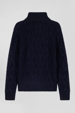 Pull col roulé en laine vierge et polyamide recyclé tricotage 3D marine coupe Regular