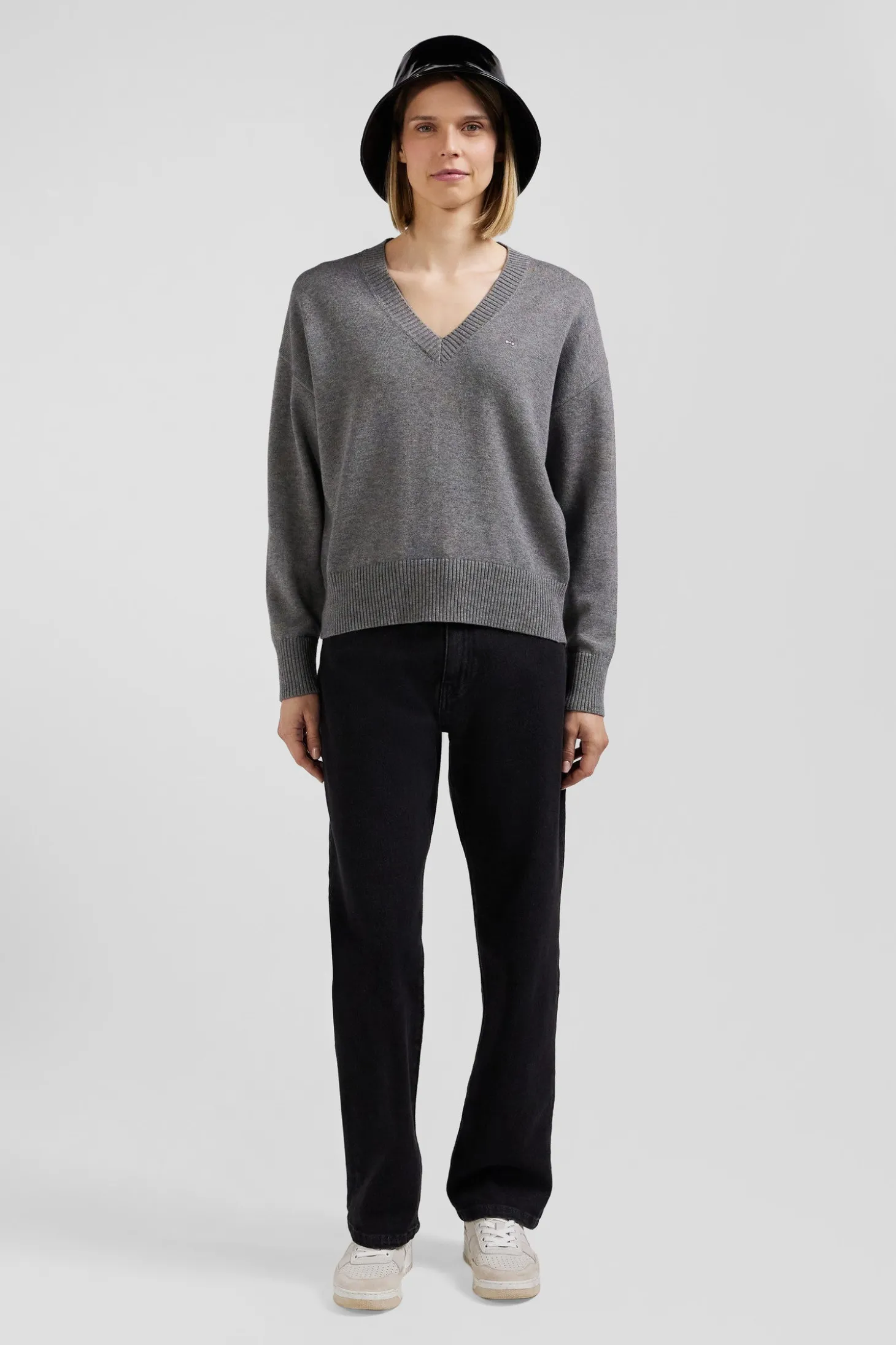 Pull col V en laine et coton gris clair coupe Relaxed