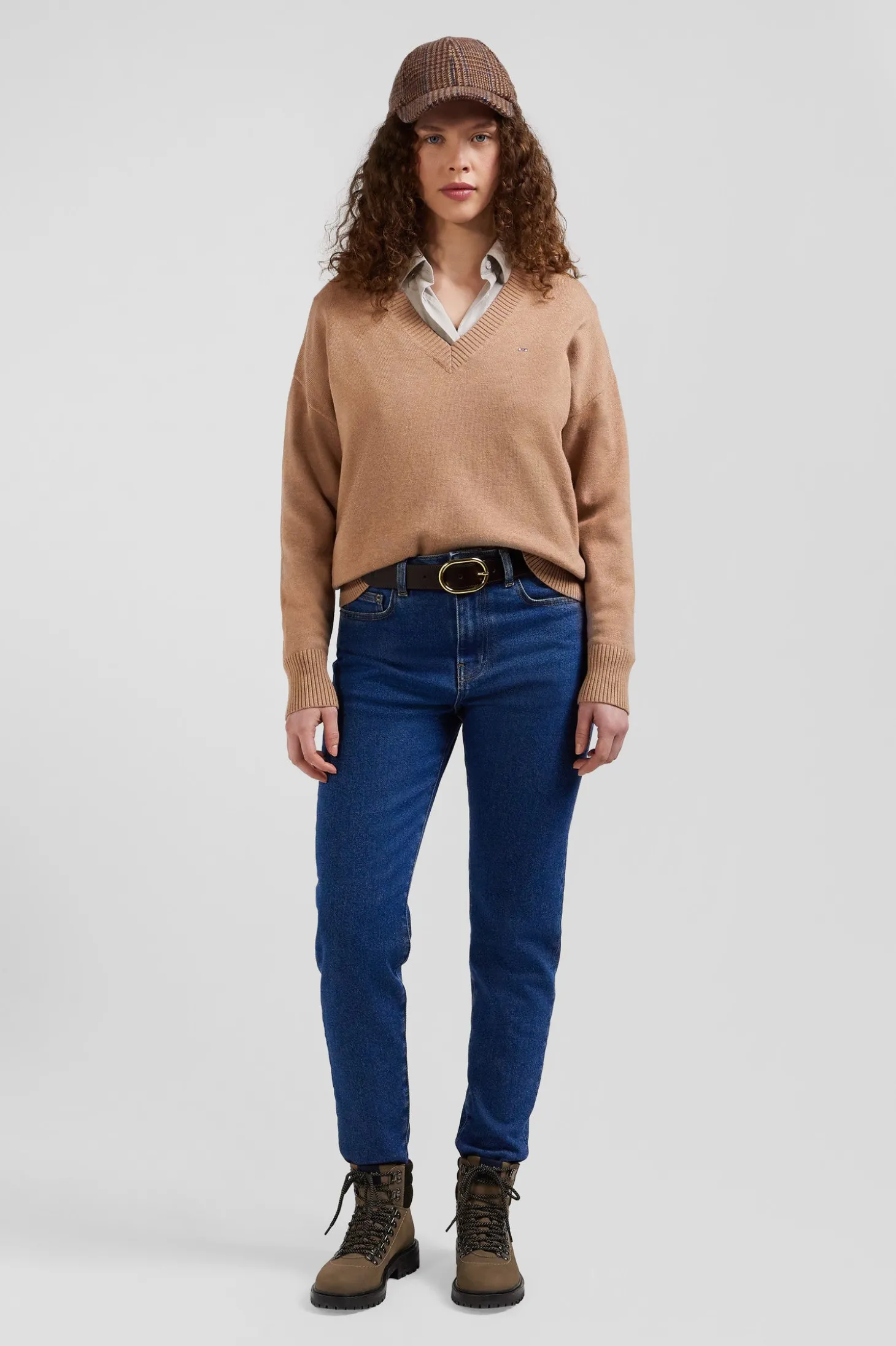 Pull col V en laine et coton camel coupe Relaxed