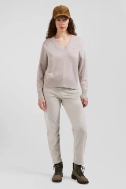 Pull col V en laine et coton beige coupe Relaxed