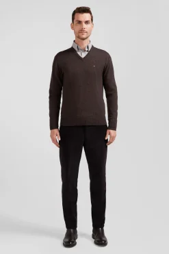 Pull col V en laine et coton marron demi-lune cerclée coupe Regular