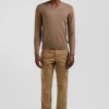 Pull col V en laine et coton camel demi-lune cerclée coupe Regular