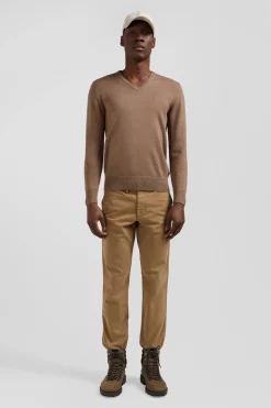 Pull col V en laine et coton camel demi-lune cerclée coupe Regular