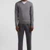 Pull col V en laine et coton gris demi-lune cerclée coupe Regular