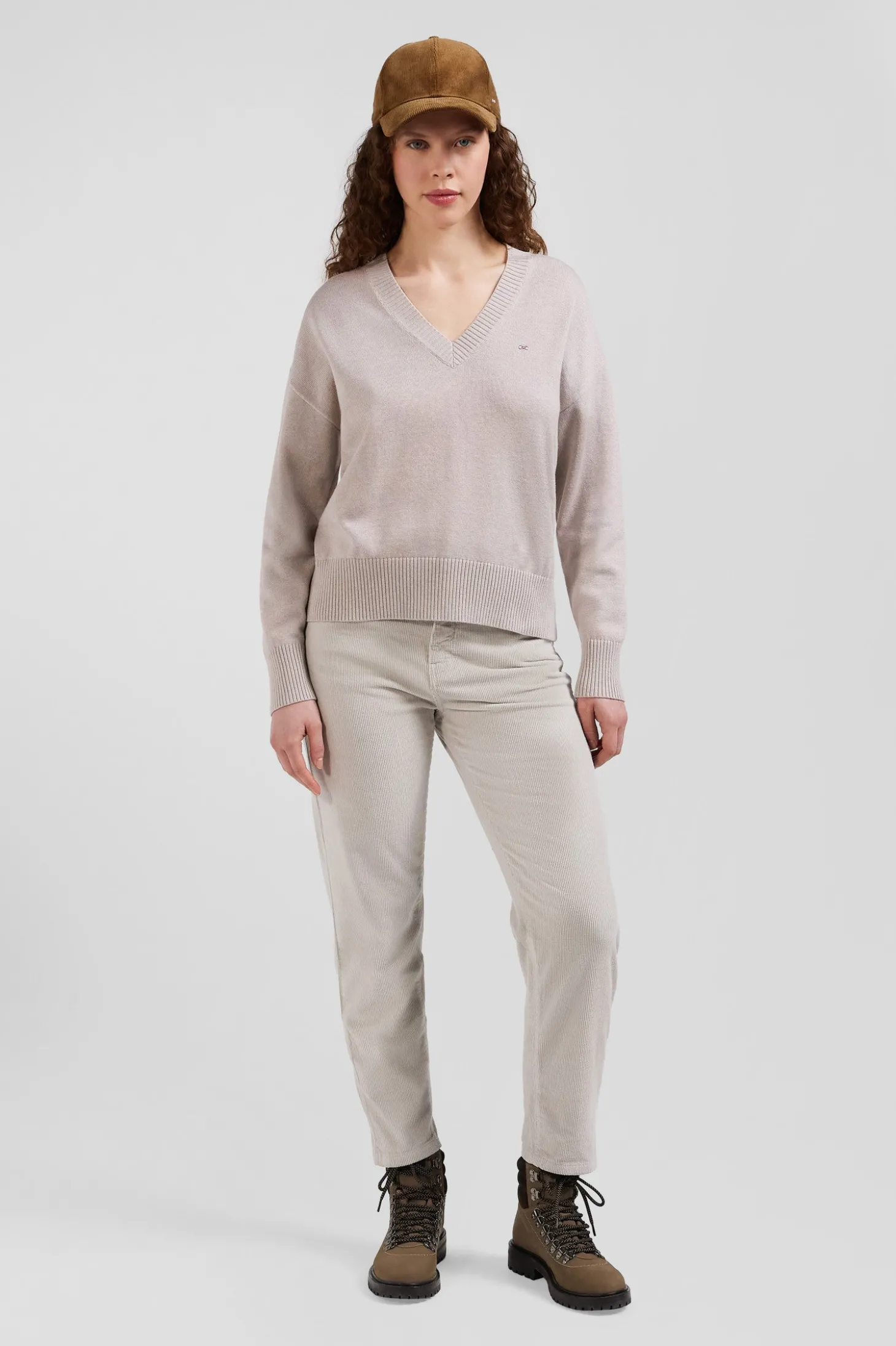 Pull col V en laine et coton beige coupe Relaxed