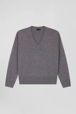 Pull col V en laine et coton gris clair coupe Relaxed