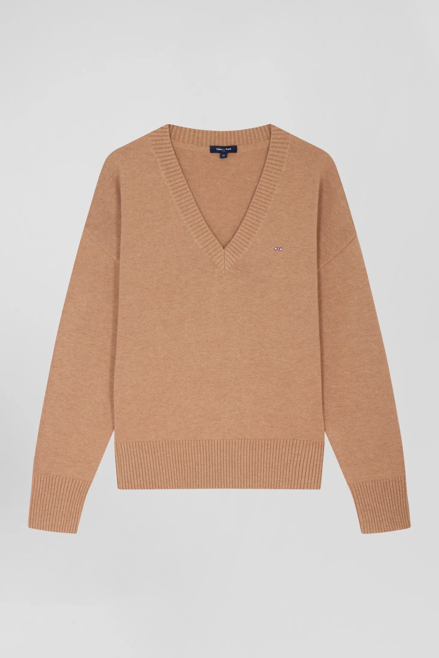 Pull col V en laine et coton camel coupe Relaxed