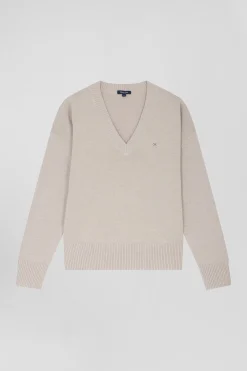 Pull col V en laine et coton beige coupe Relaxed