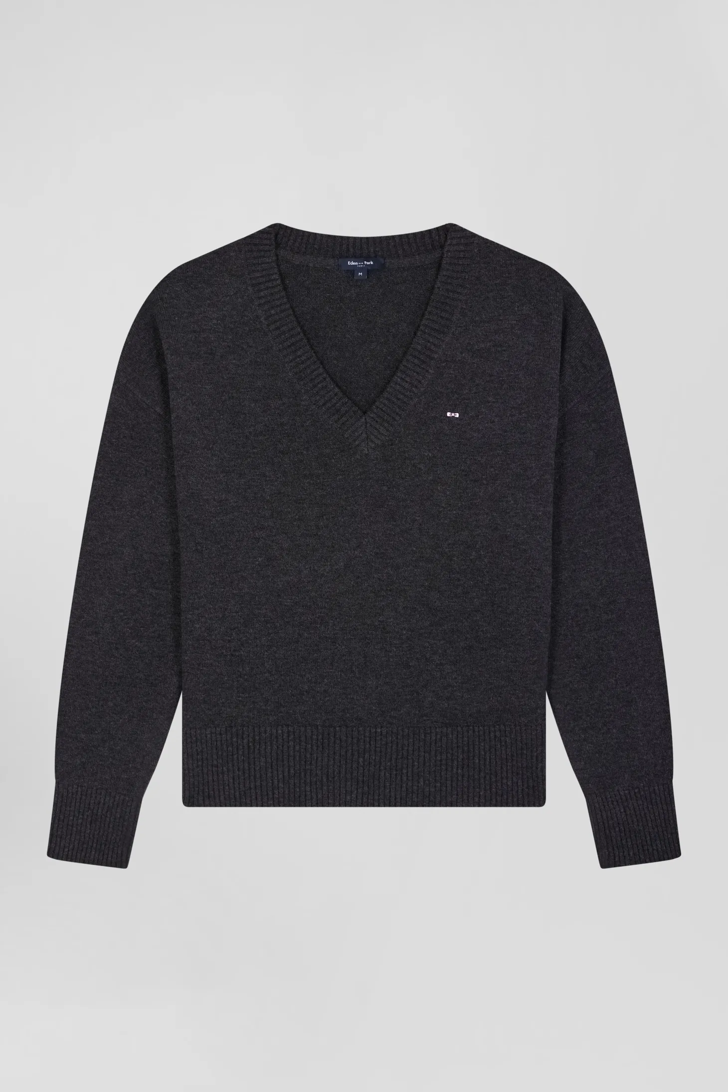 Pull col V en laine et coton gris foncé chiné coupe Relaxed