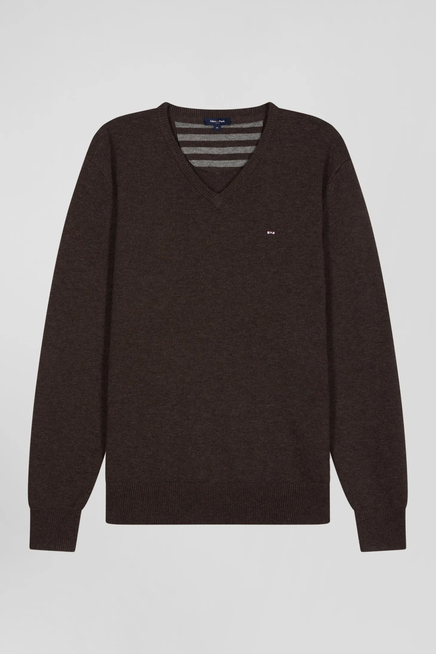 Pull col V en laine et coton marron demi-lune cerclée coupe Regular